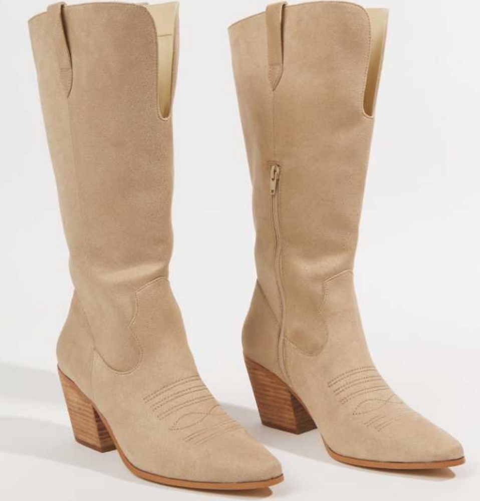 Arula Beige Suede Knee-High Western Boots